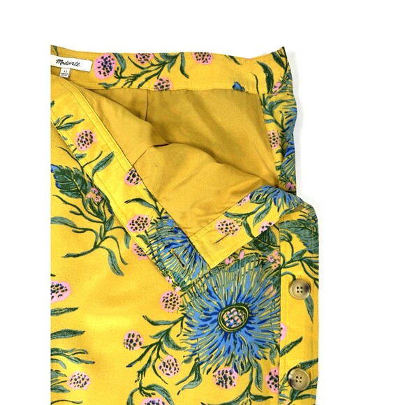 Madewell Silk Skirt Womens 12 Yellow Gold Floral Side Button Painted Blooms Midi - Picture 7 of 13